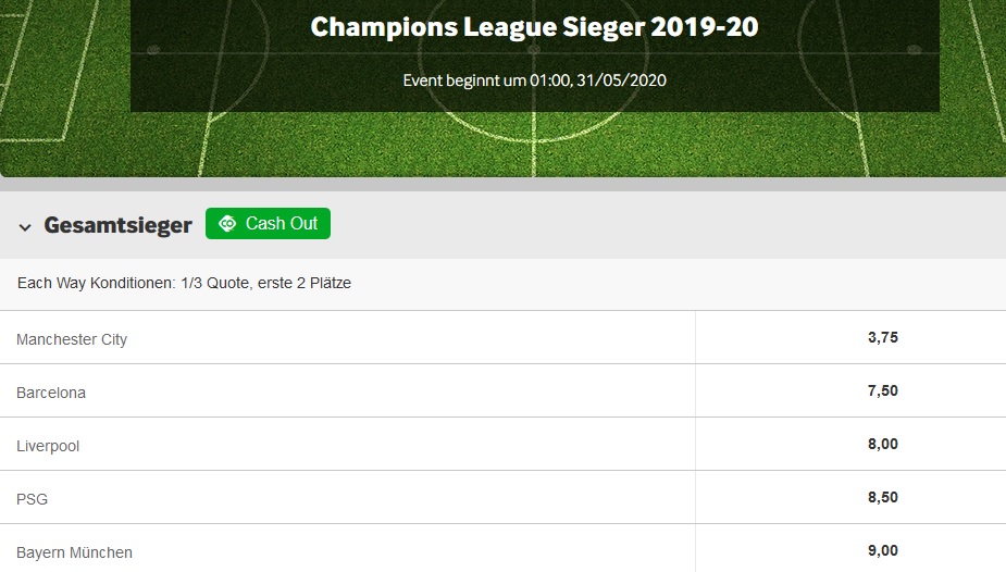 Champions League Sieger 2020 - Wetten bei Betway