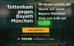 Wetten auf Sieg Bayern gegen Tottenham: Quoten-Boost bei Mr Green (8,0)