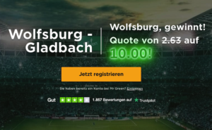 Wetten auf Sieg Wolfsburg gegen Gladbach: Quoten-Boost bei Mr Green (10,0)