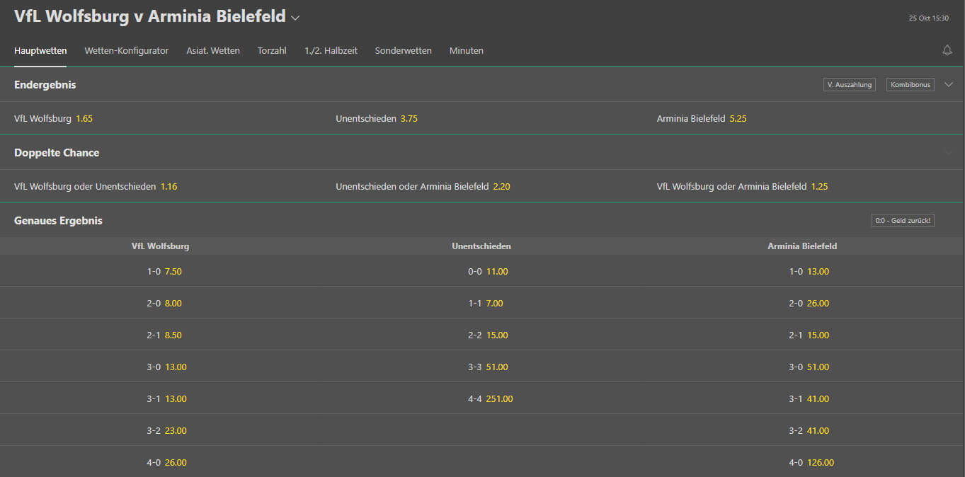 VfL Wolfsburg – Arminia Bielefeld 25.10.2020