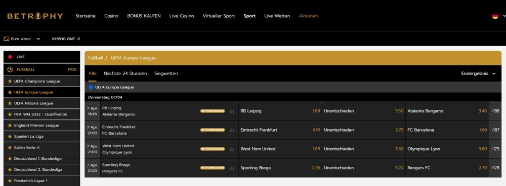 Betrophy: Top-Quoten auf die Europa League und 100 EUR Neukundenbonus