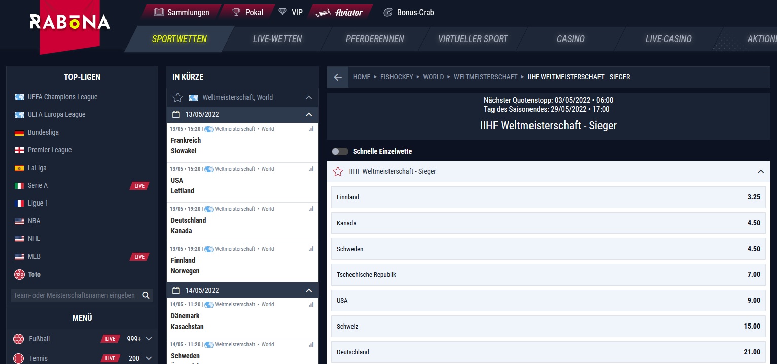Rabona: Jetzt mit 200 EUR Bonus auf die Eishockey-WM 2022 wetten!