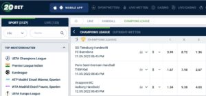 20Bet: Wetten auf die Handball Champions League mit 100 € Bonus