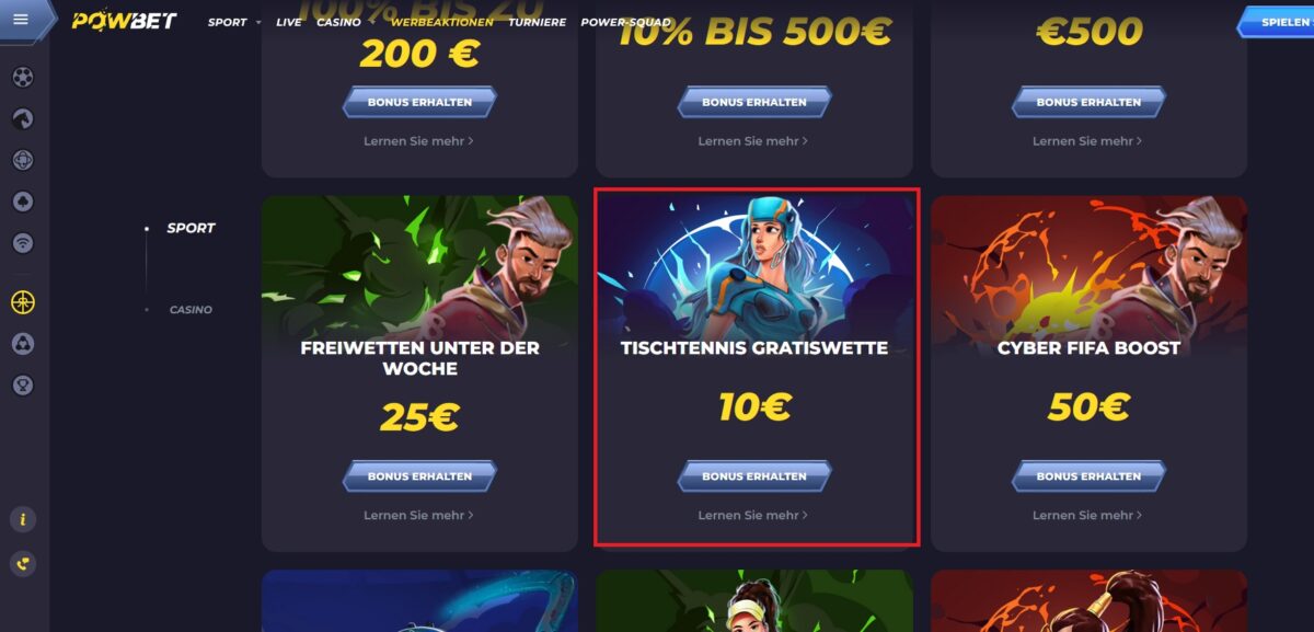 Powbet: Jetzt 10 € Tischtennis Gratis Wette abholen