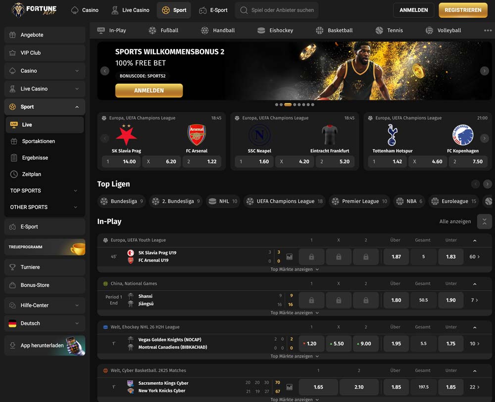 FortunePlay Website Sportwetten Bereich